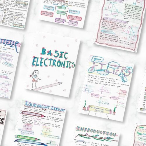 basic electronics aesthetic notes pdf sample with multiple notes small pages in inclined texture of newton desk