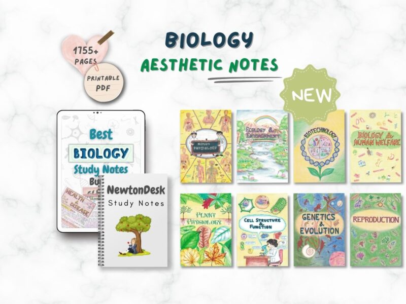 biology aesthetic notes sample 1 in horizontal way on white texture background of newton desk
