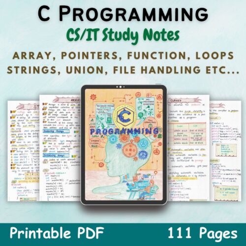 c programming language aesthetic notes cover or featured image in blue for computer science and information technology course of newton desk