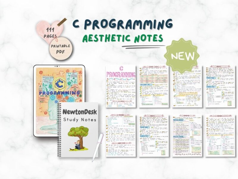 c programming language aesthetic notes sample 1 in horizontal way on white texture background of newton desk