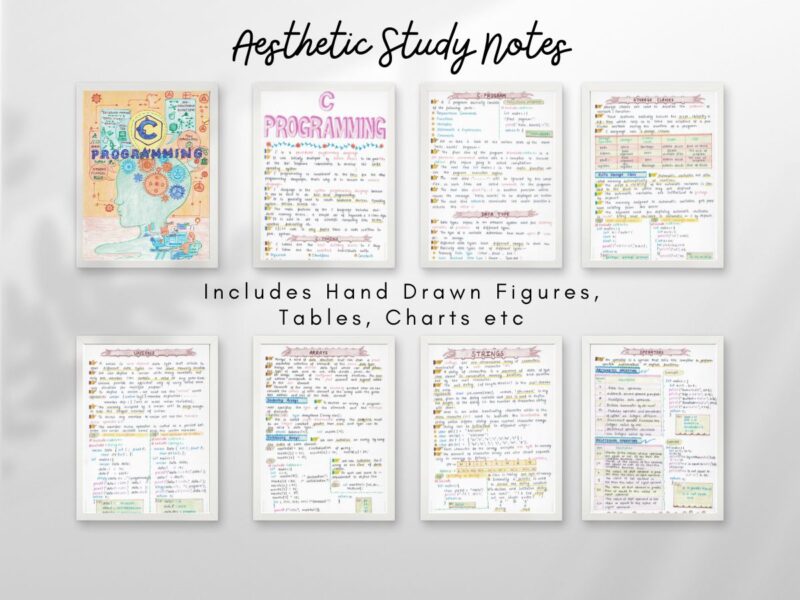 c language programming aesthetic notes sample 3 with horizontal pages hang on wall of newton desk