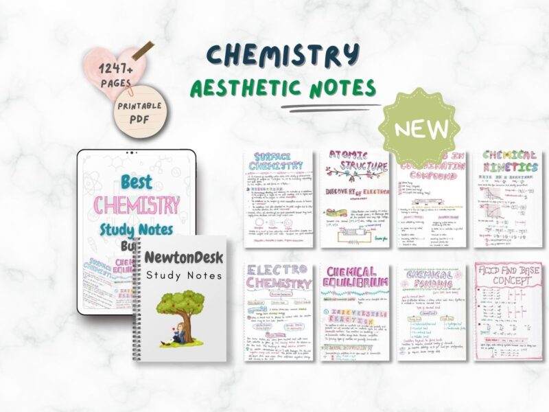 chemistry aesthetic notes sample 1 in horizontal way on white texture background of newton desk
