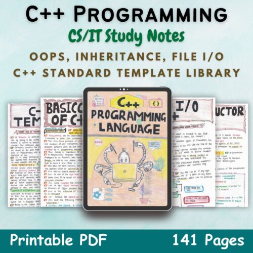 cpp programming notes cover or featured image in blue for computer science and information technology course of newton desk