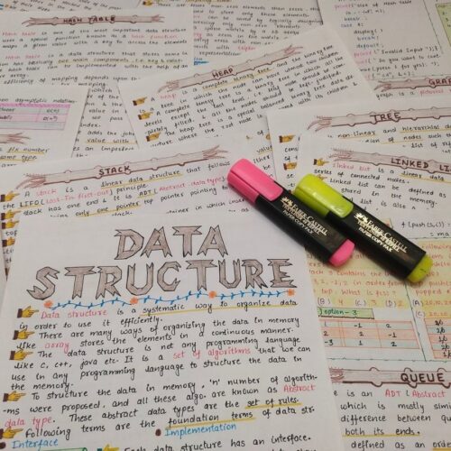 data structures first page include all topics headings in sample 6 with creative stuff include in photo of physical copy kept random on wooden desk