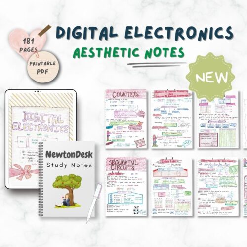 digital electronics aesthetic notes sample 1 in horizontal way on white texture background of newton desk