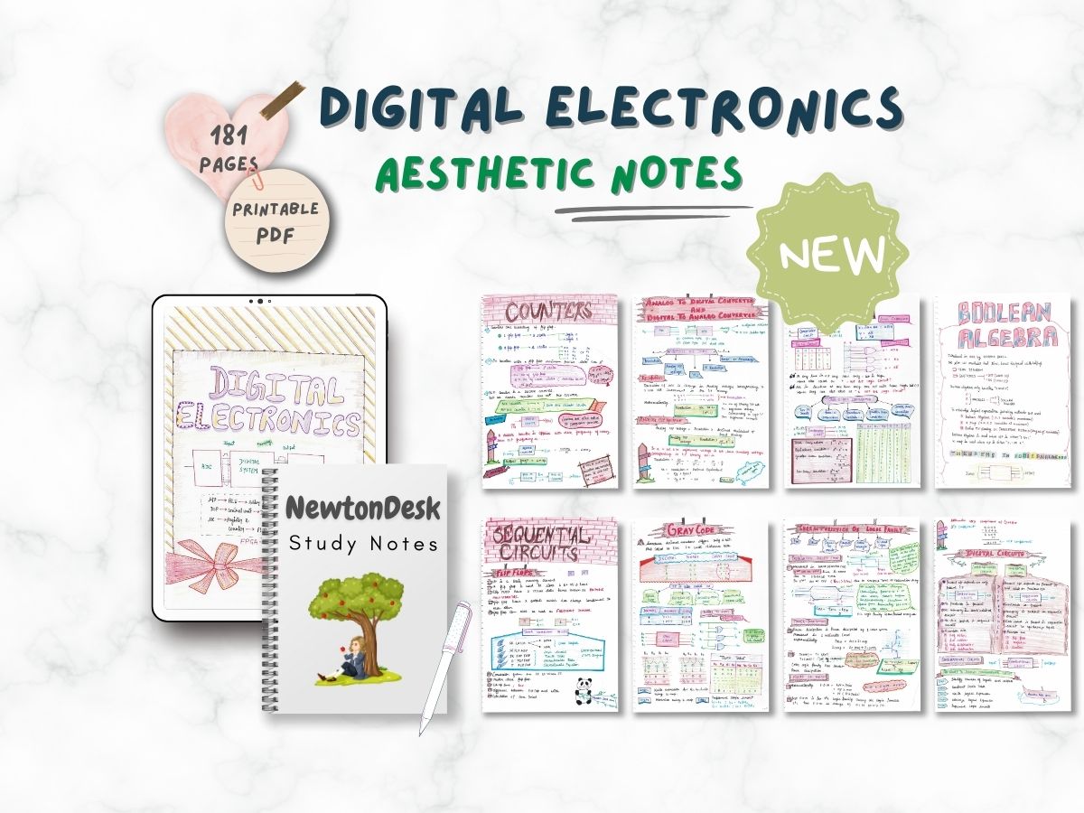 digital electronics aesthetic notes sample 1 in horizontal way on white texture background of newton desk