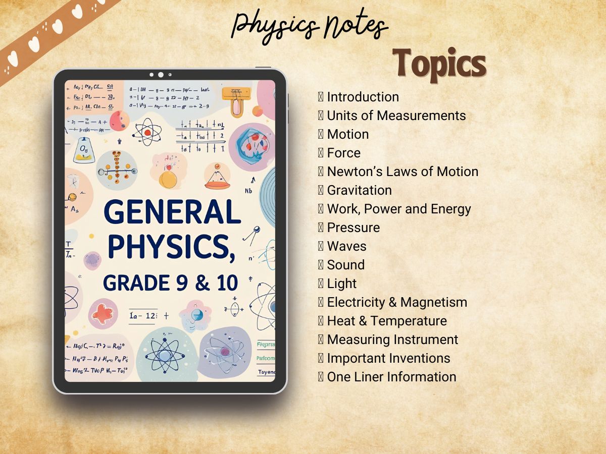 general science physics handwritten aesthetic notes pdf index or syllabus for high school grade 9 and 10 GCSE, for USA and Canadian students