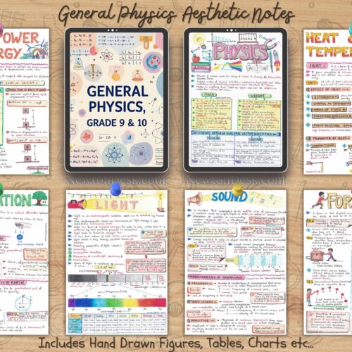 general science physics aesthetic notes sample 1 in horizontal way on brown wooden texture background