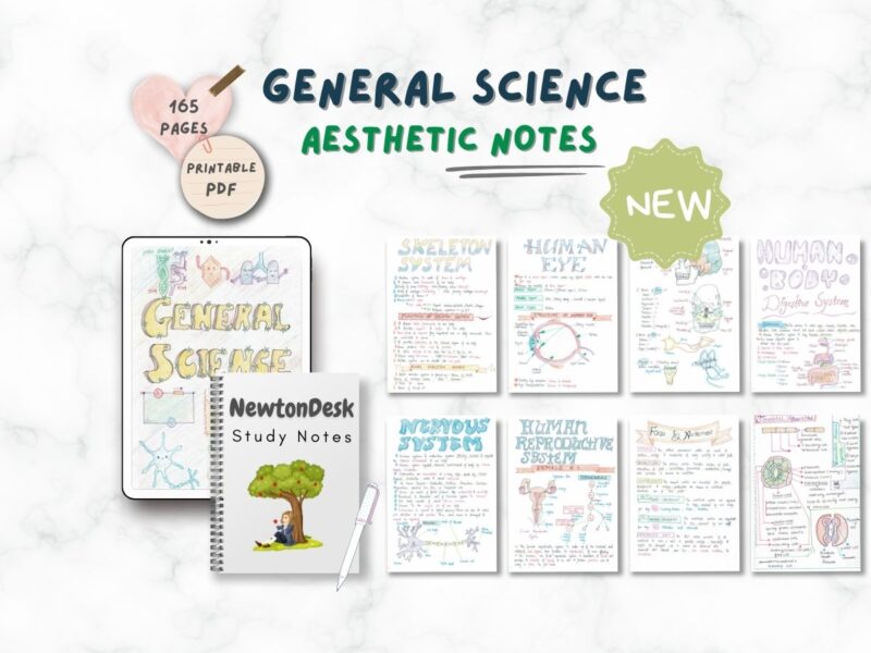 general science aesthetic notes sample 1 in horizontal way on white texture background of newton desk
