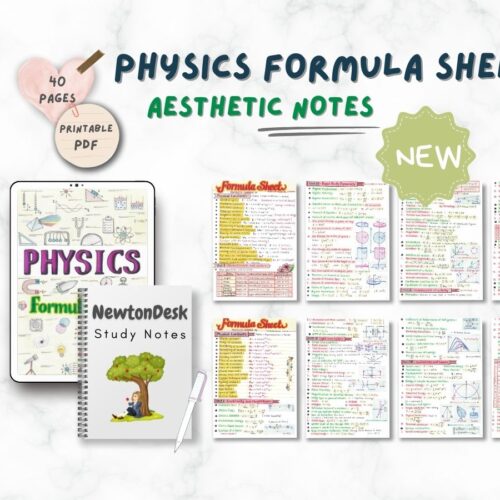 physics formula sheet sample 1 in horizontal way on white texture background of newton desk
