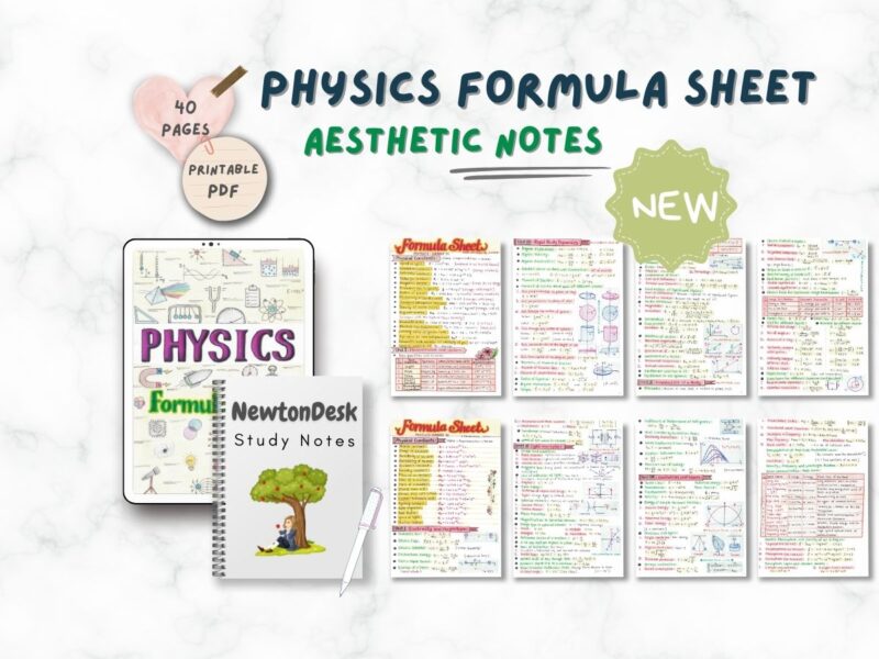 physics formula sheet sample 1 in horizontal way on white texture background of newton desk