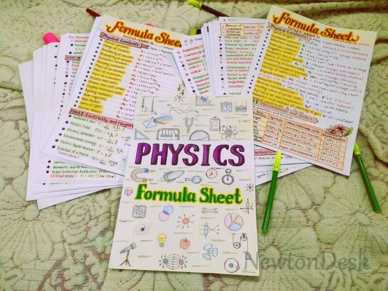 physics formula sheet first cover image in blue of newton desk
