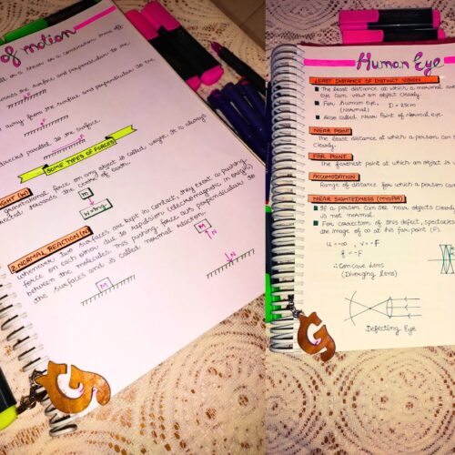 physics aesthetic notes sample 6 of human eye and low of motion chapter with stuff include in photo of physical copy
