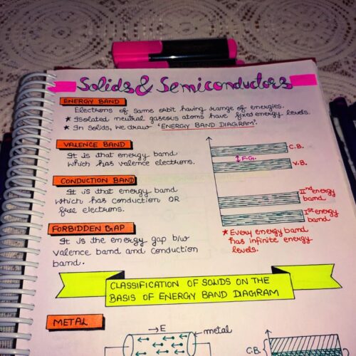 physics aesthetic notes sample 7 of solids and semiconductor chapter with stuff include in photo of physical copy