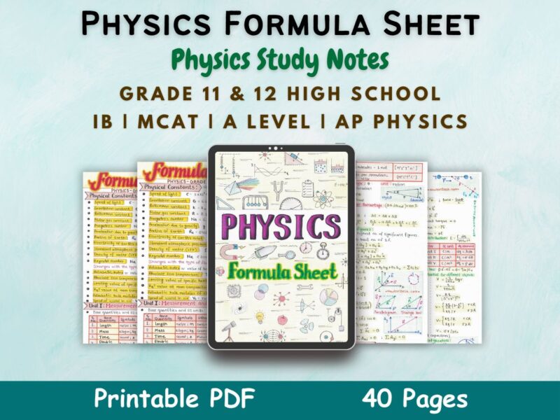 physics formula sheet or equations first cover image in blue of newton desk