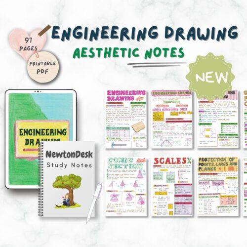 engineering drawing aesthetic notes sample 1 in horizontal way on white texture background of newton desk