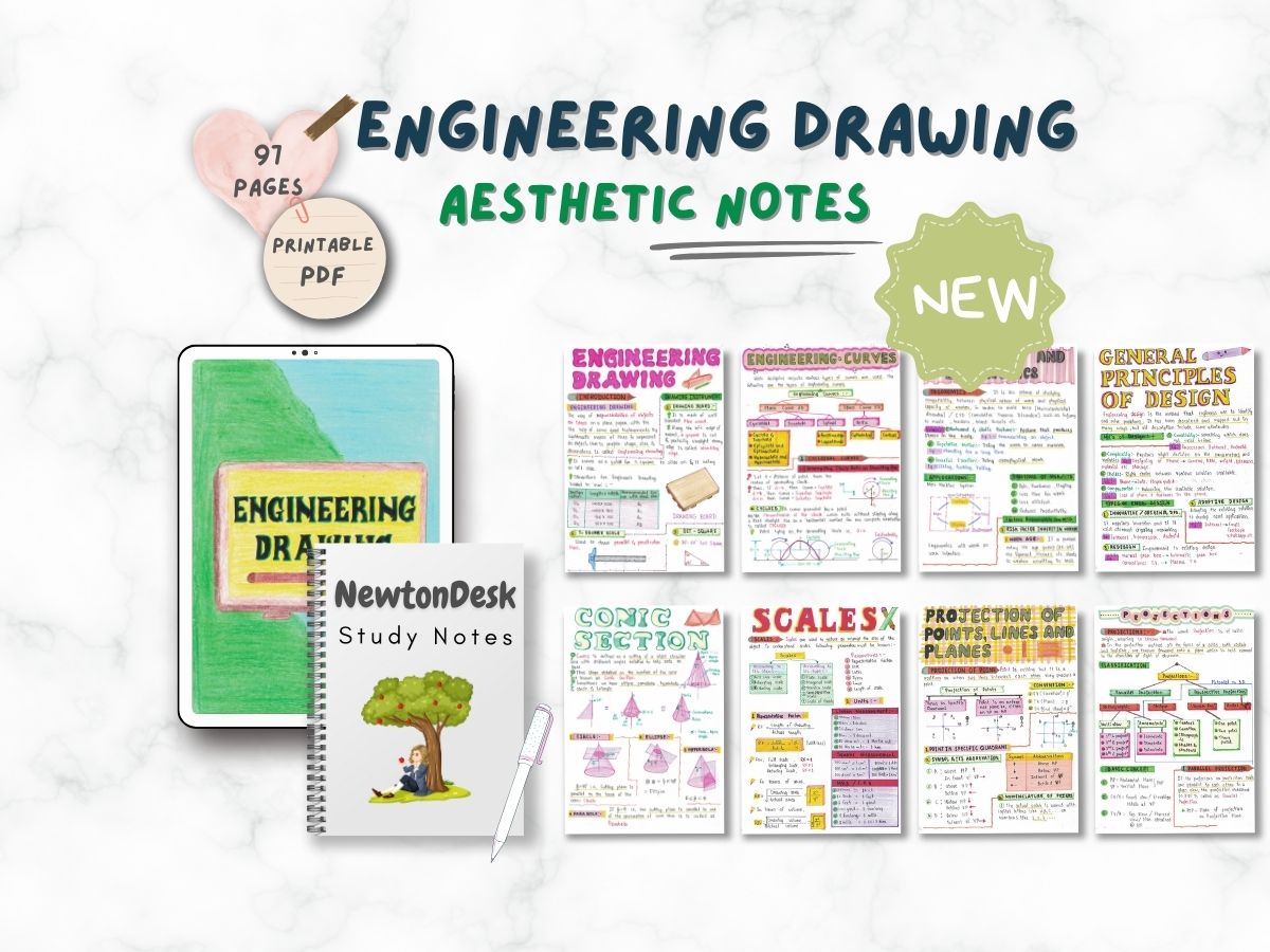 engineering drawing aesthetic notes sample 1 in horizontal way on white texture background of newton desk