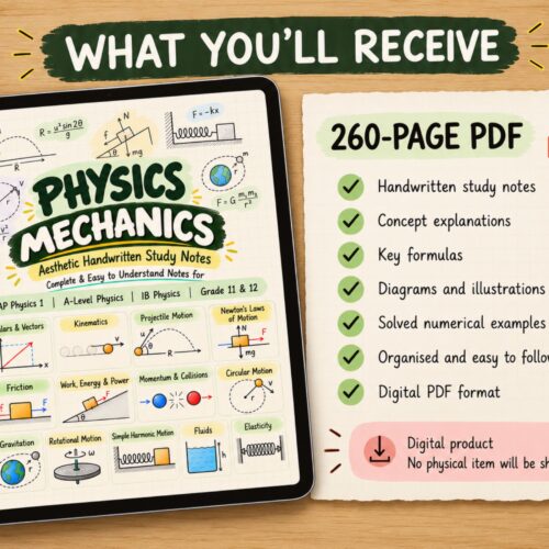 its an information about what user get after these physics mechanics notes pdf, include 260 pages, key formulas, concept explanations